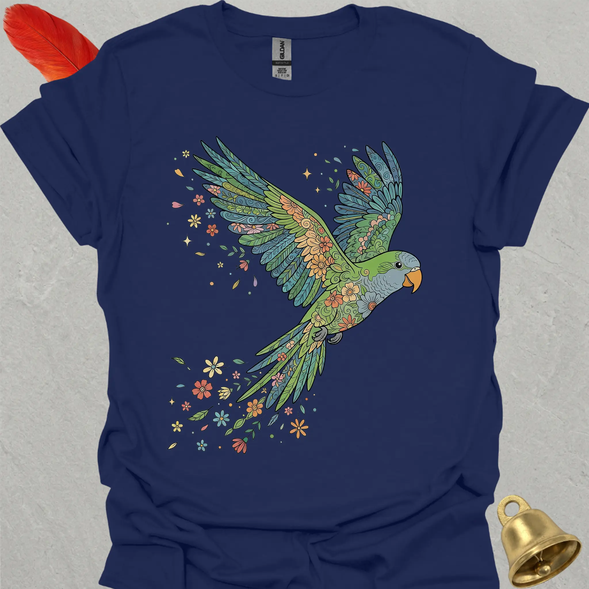 Green Quaker Parrot Flying Flower T-Shirt