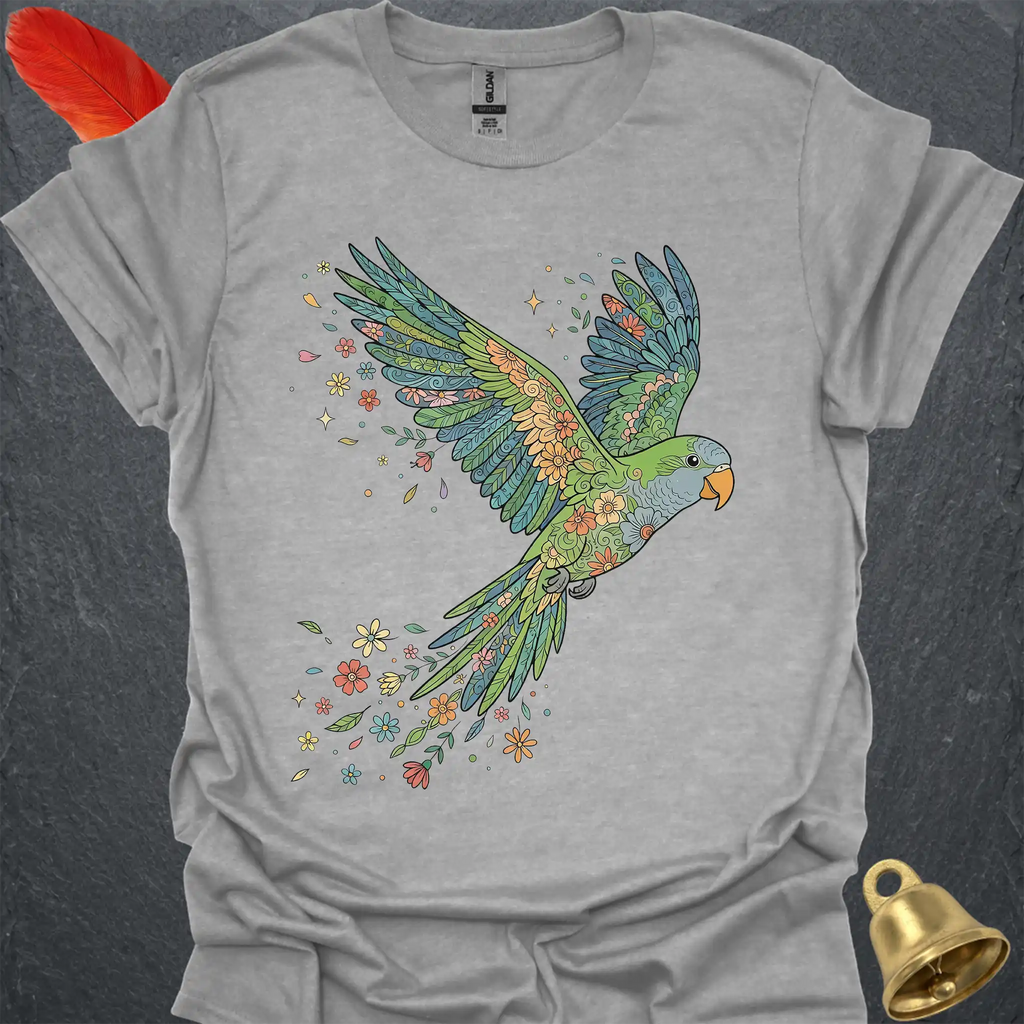 Green Quaker Parrot Flying Flower T-Shirt