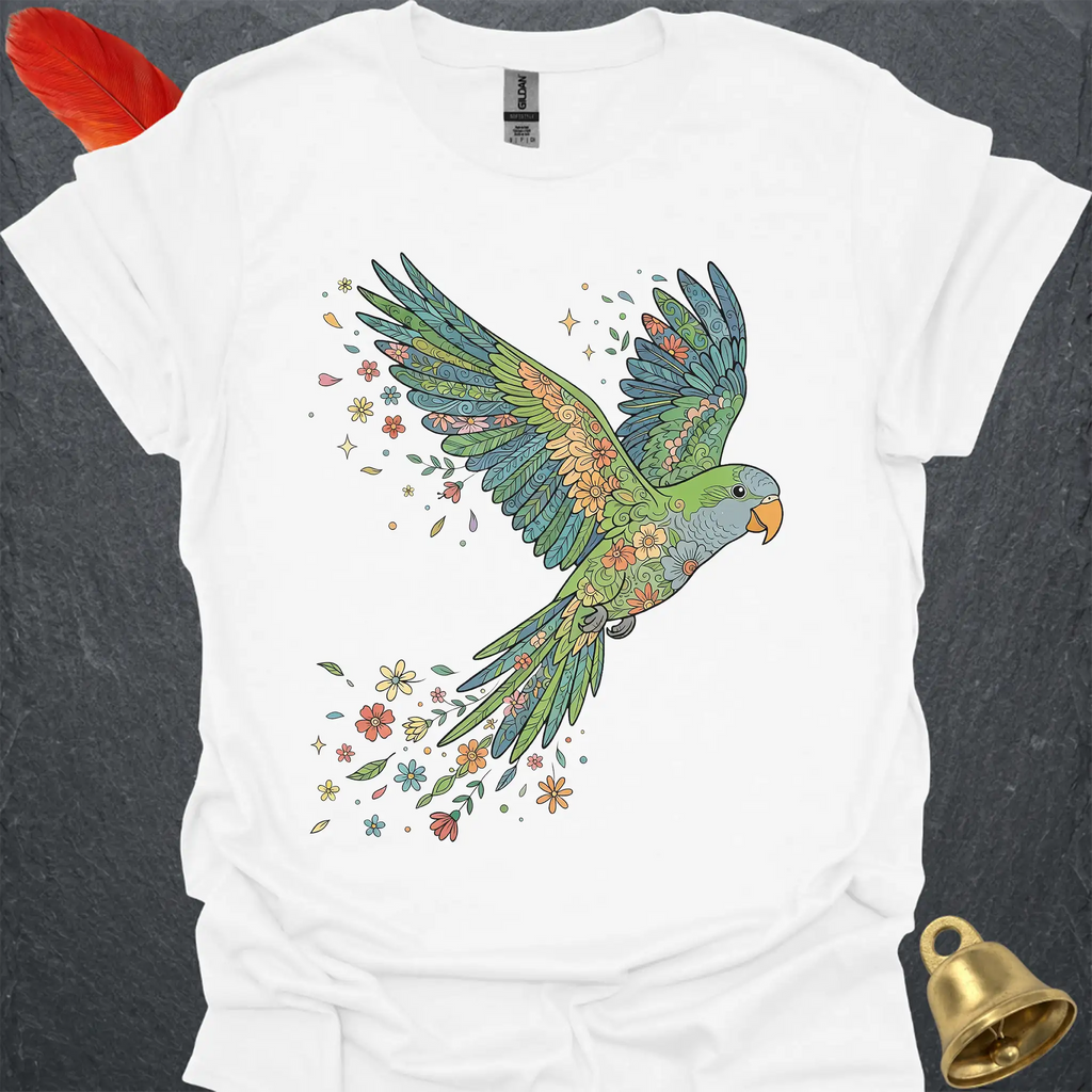 Green Quaker Parrot Flying Flower T-Shirt