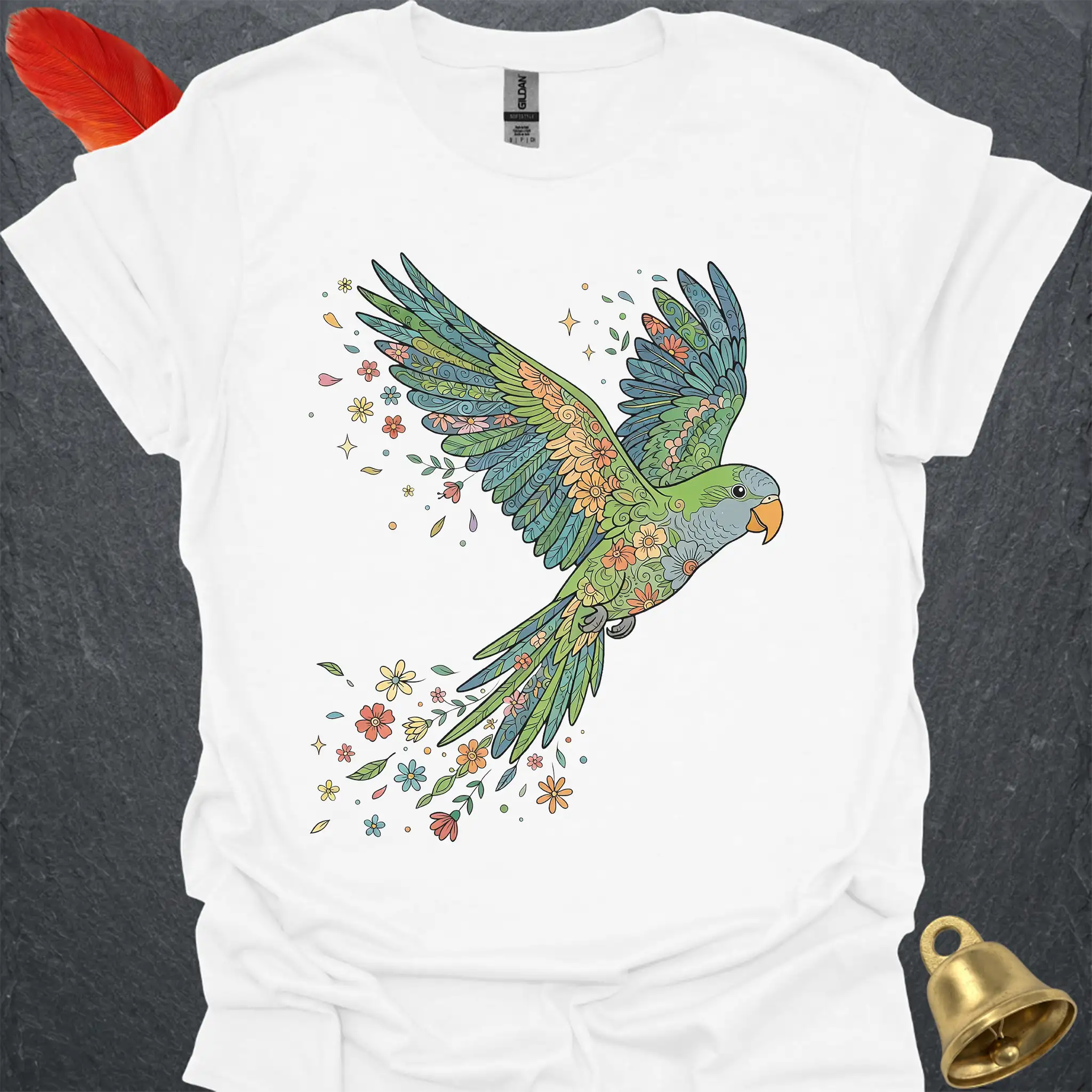 Green Quaker Parrot Flying Flower T-Shirt