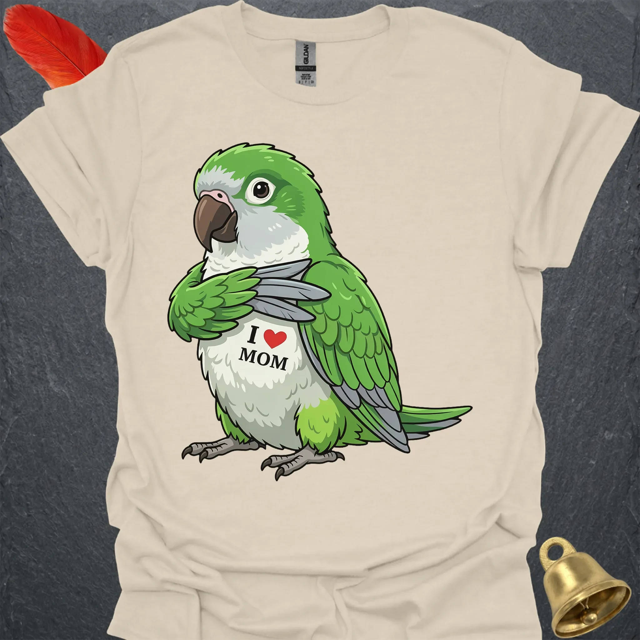 Green Quaker Parrot I Love Mom T-Shirt