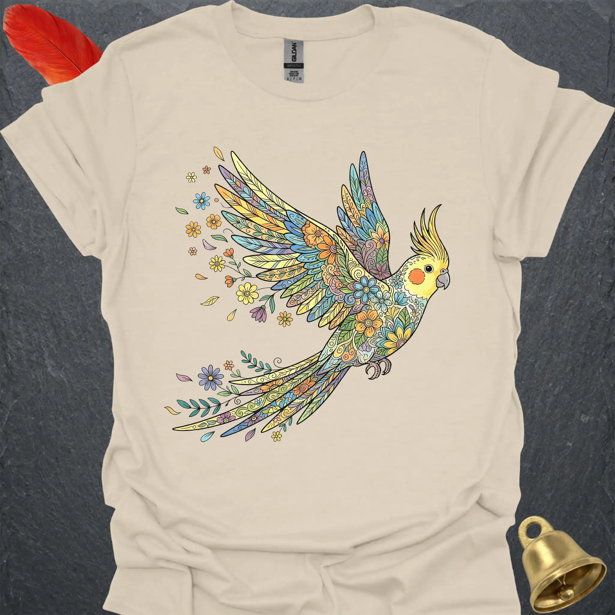 Grey Cockatiel Flying Flower T-Shirt
