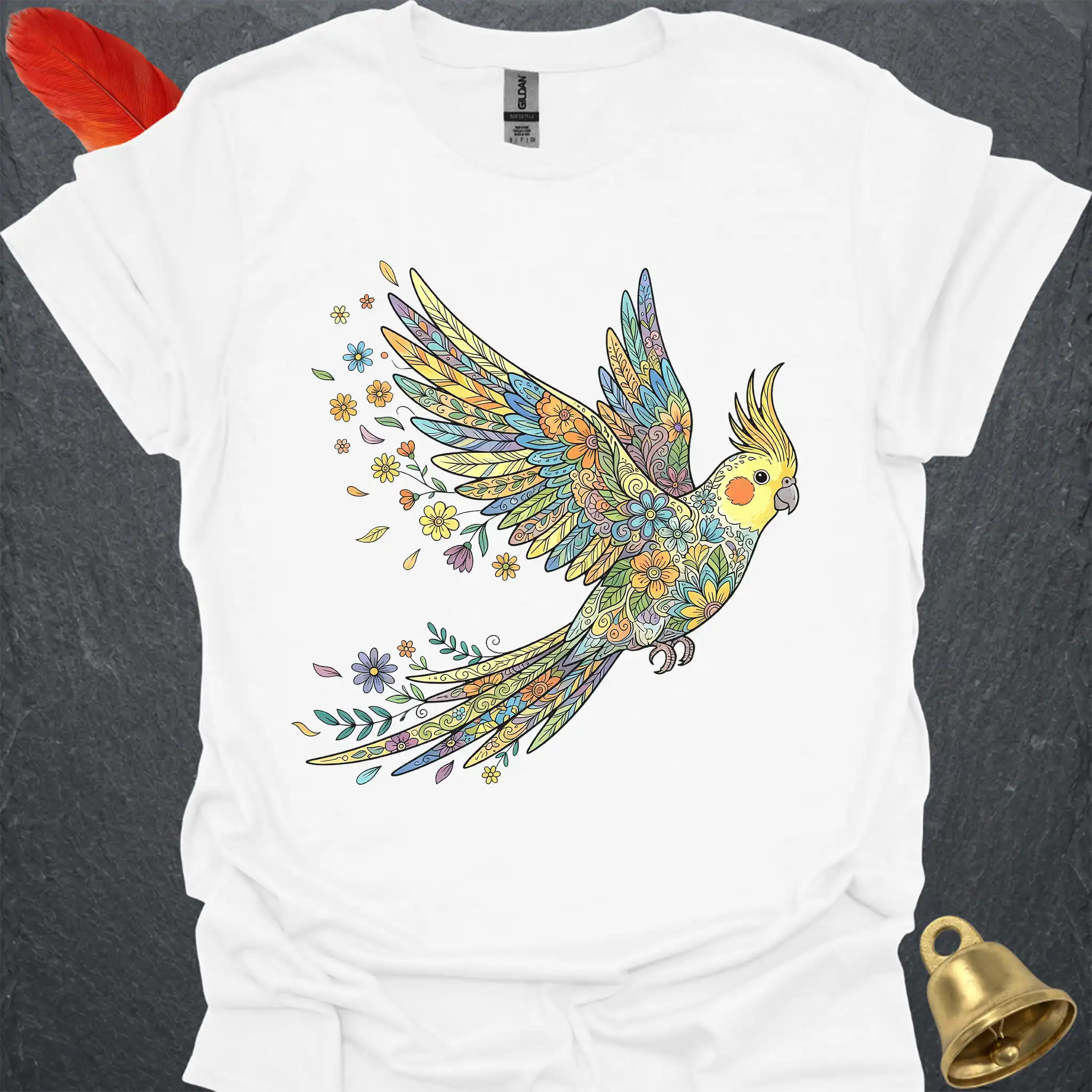 Grey Cockatiel Flying Flower T-Shirt