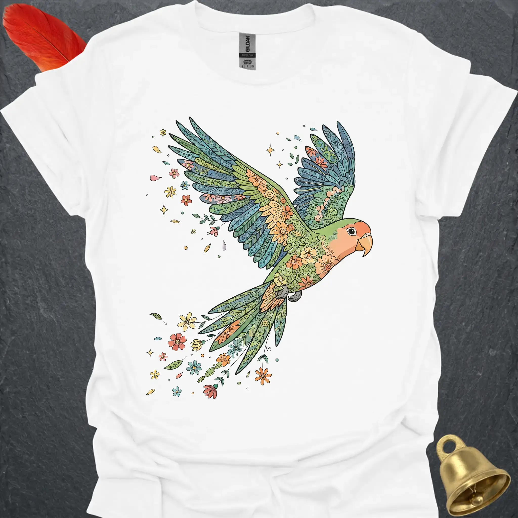 Peach-Faced Lovebird Flying Flower T-Shirt