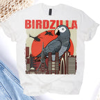 White t-shirt with a parrot graphic and 'BIRDZILLA' text on a white background