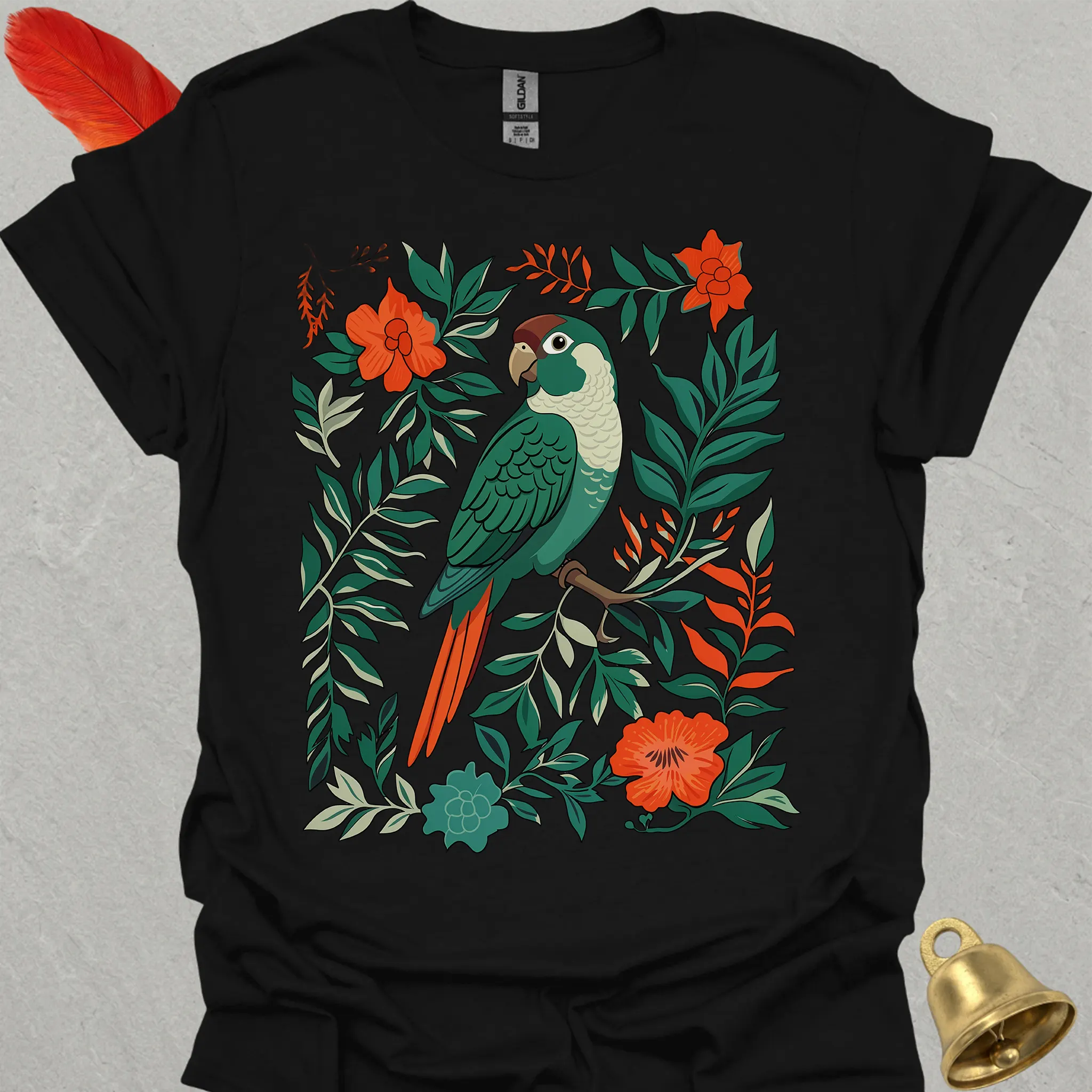 Turquoise Green Cheek Conure Boho Flower T-Shirt