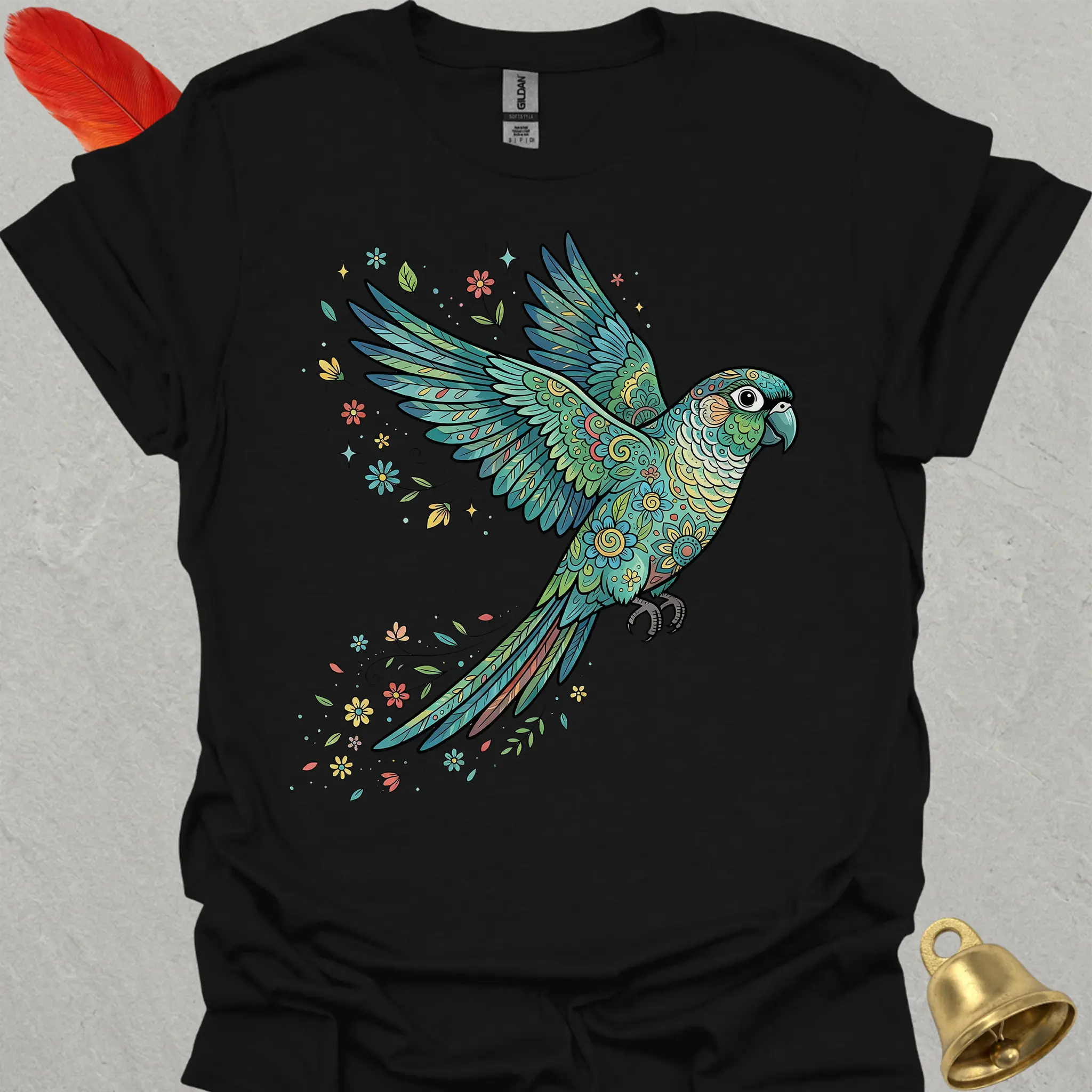 Turquoise Green Cheek Conure Flying Flower T-Shirt