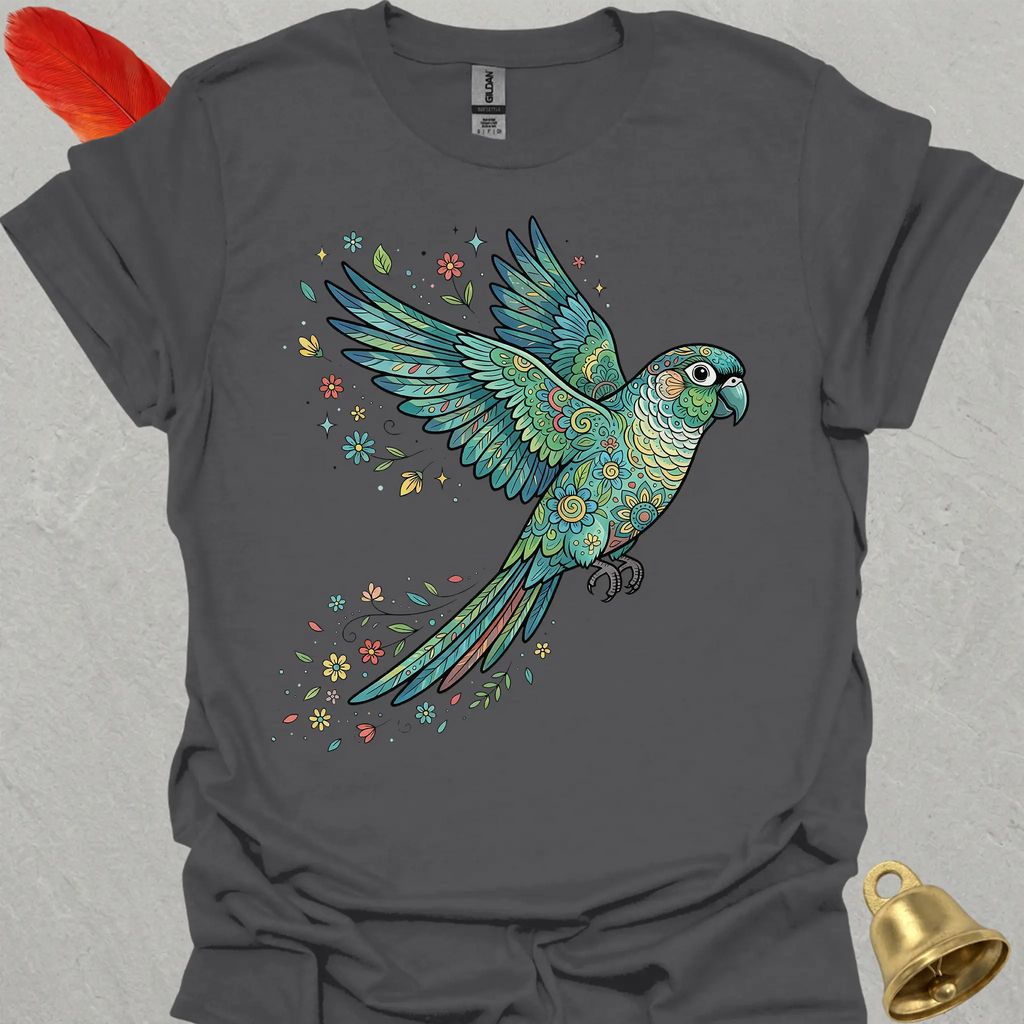 Turquoise Green Cheek Conure Flying Flower T-Shirt