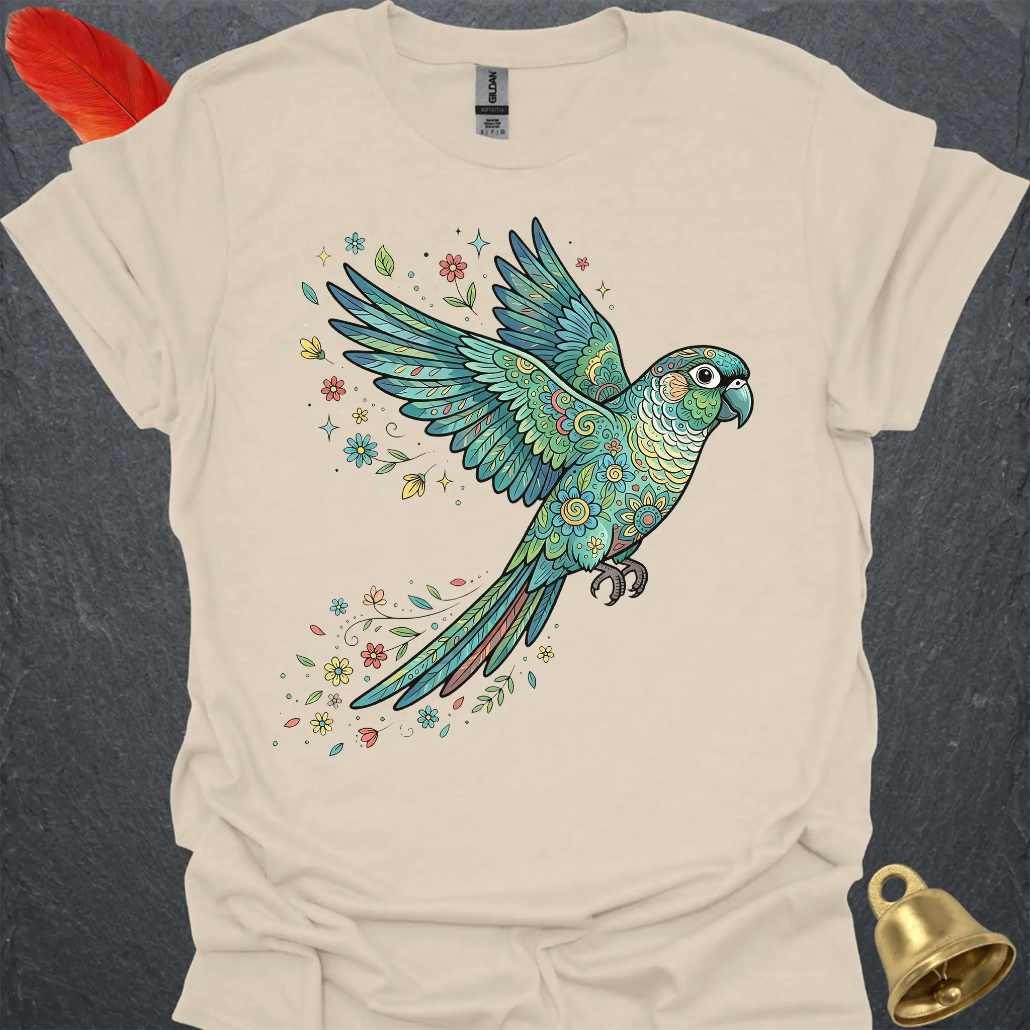 Turquoise Green Cheek Conure Flying Flower T-Shirt
