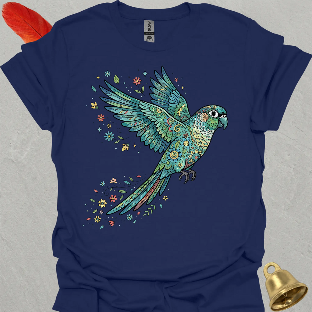 Turquoise Green Cheek Conure Flying Flower T-Shirt