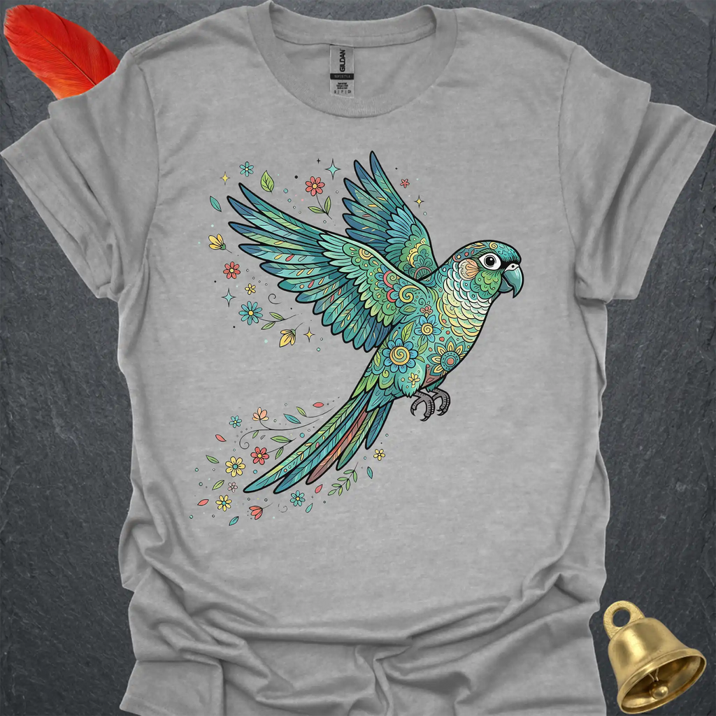 Turquoise Green Cheek Conure Flying Flower T-Shirt