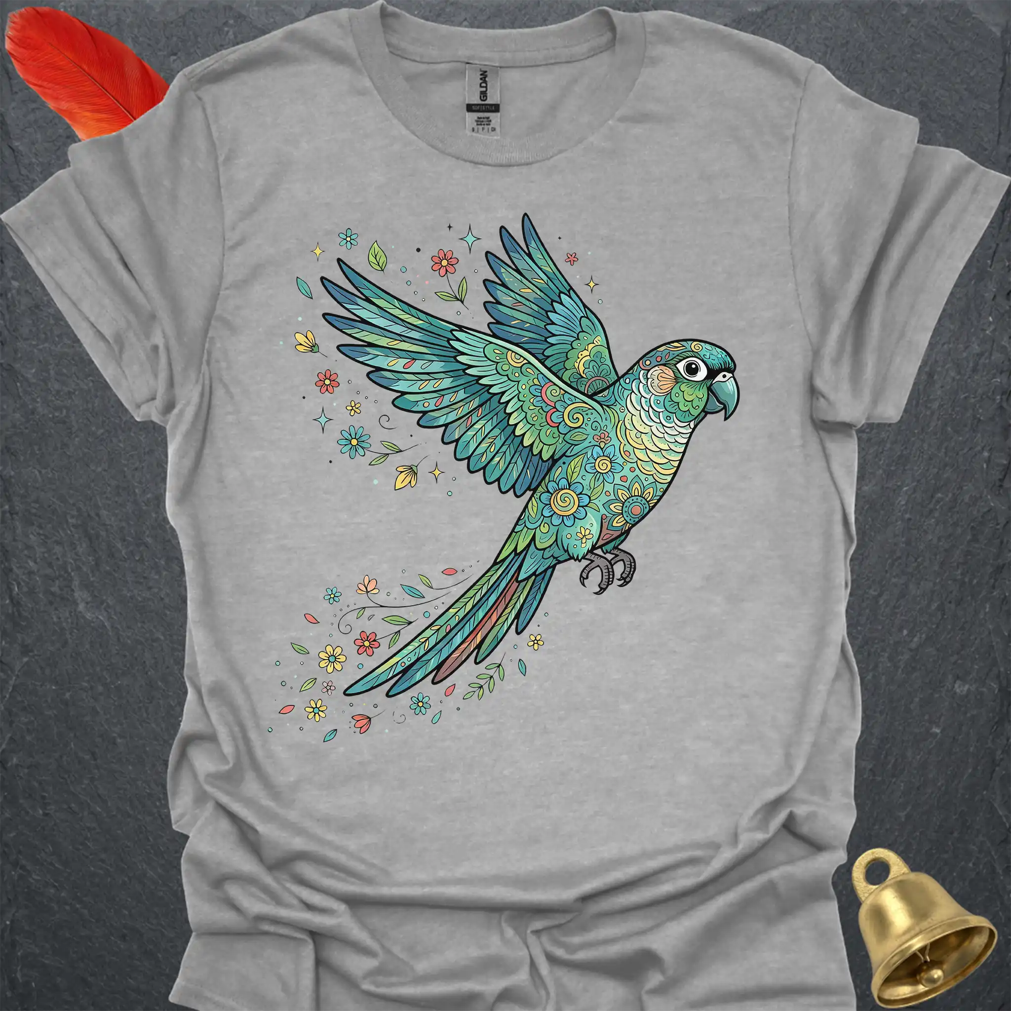Turquoise Green Cheek Conure Flying Flower T-Shirt