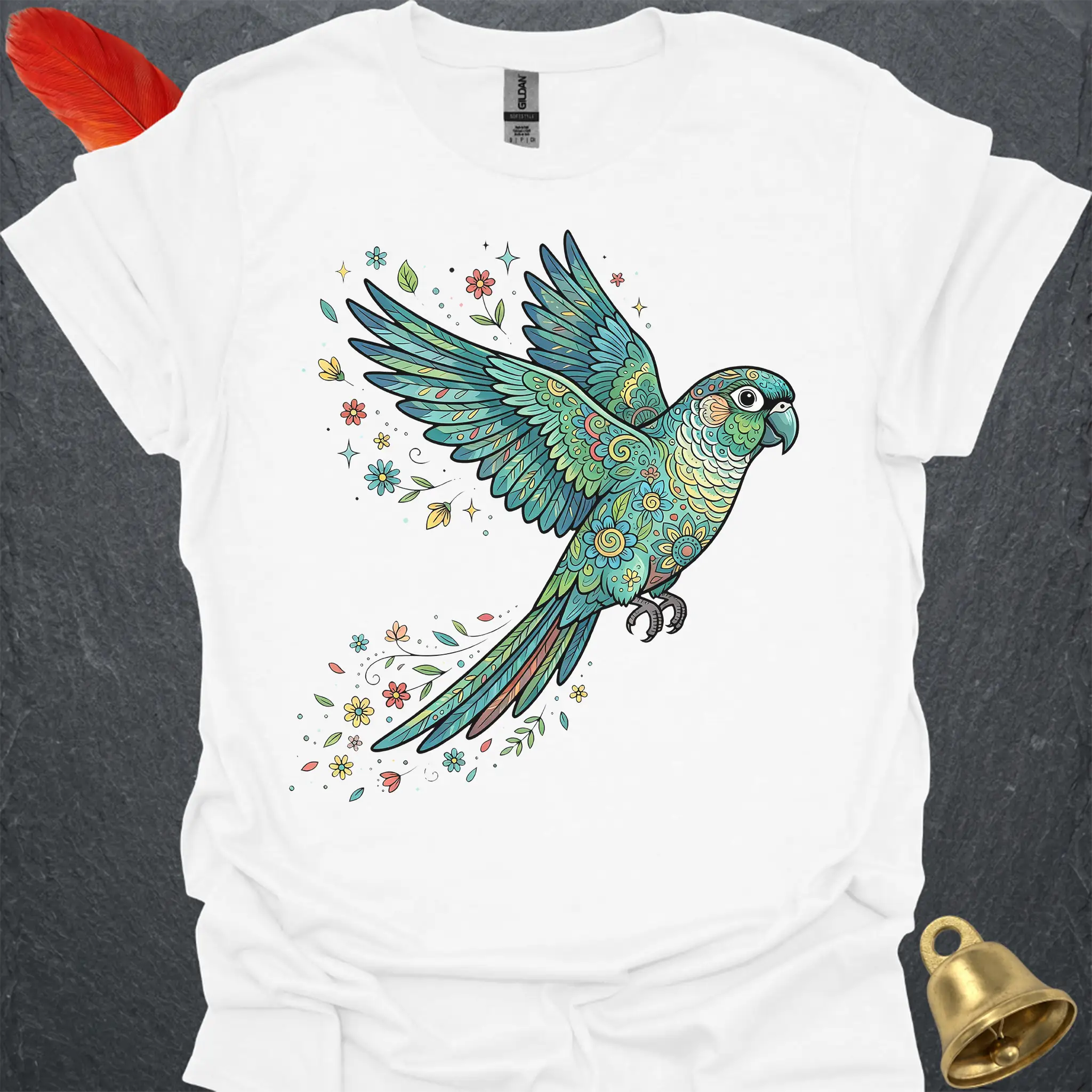 Turquoise Green Cheek Conure Flying Flower T-Shirt