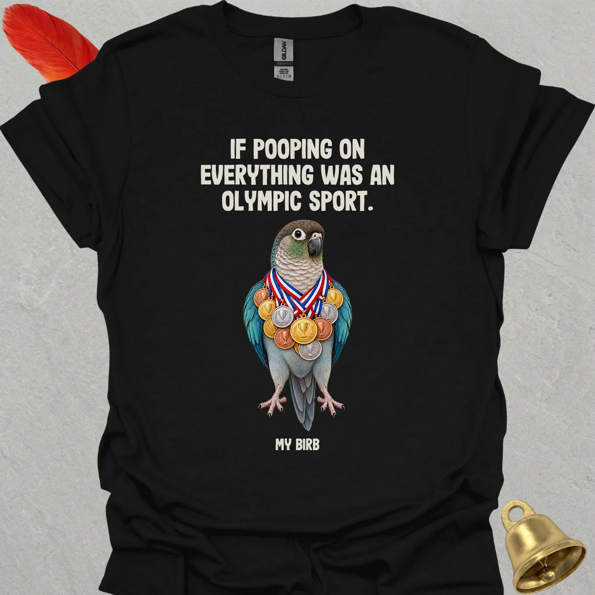 Turquoise Green Cheek Conure Olympic Pooper T-Shirt
