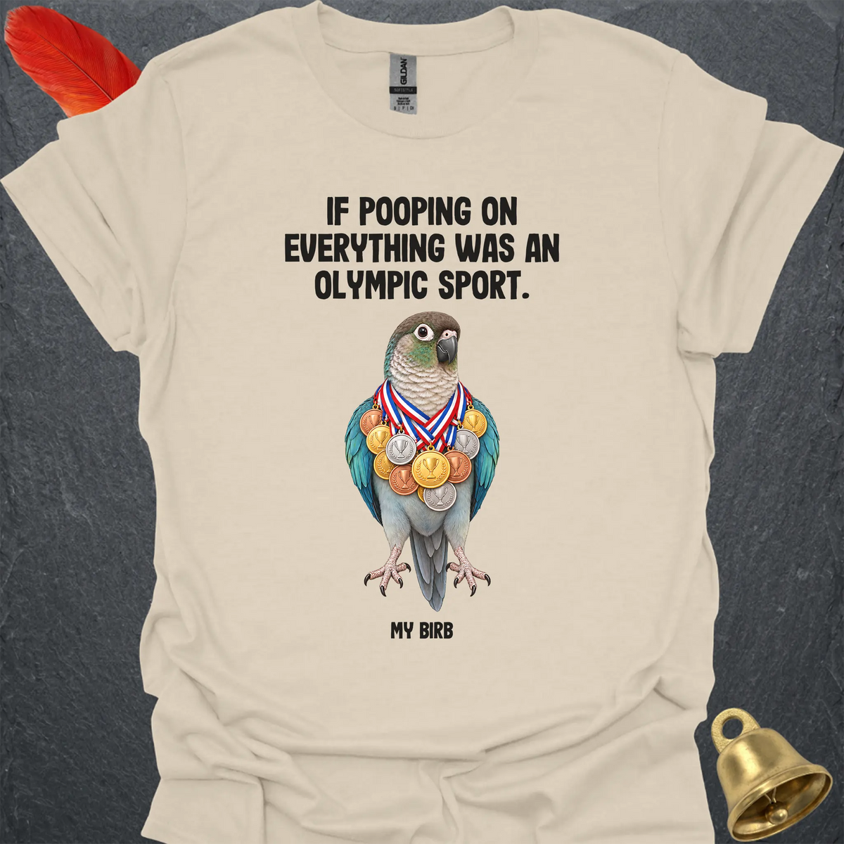 Turquoise Green Cheek Conure Olympic Pooper T-Shirt