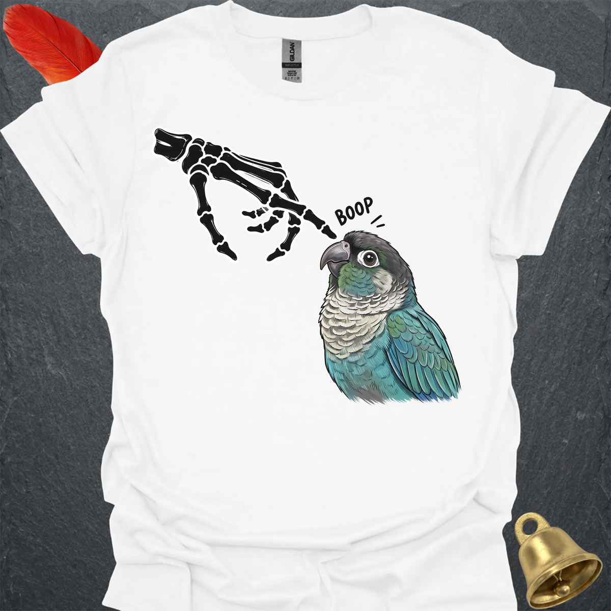 Turquoise Green Cheek Conure Skeleton Boop T-Shirt