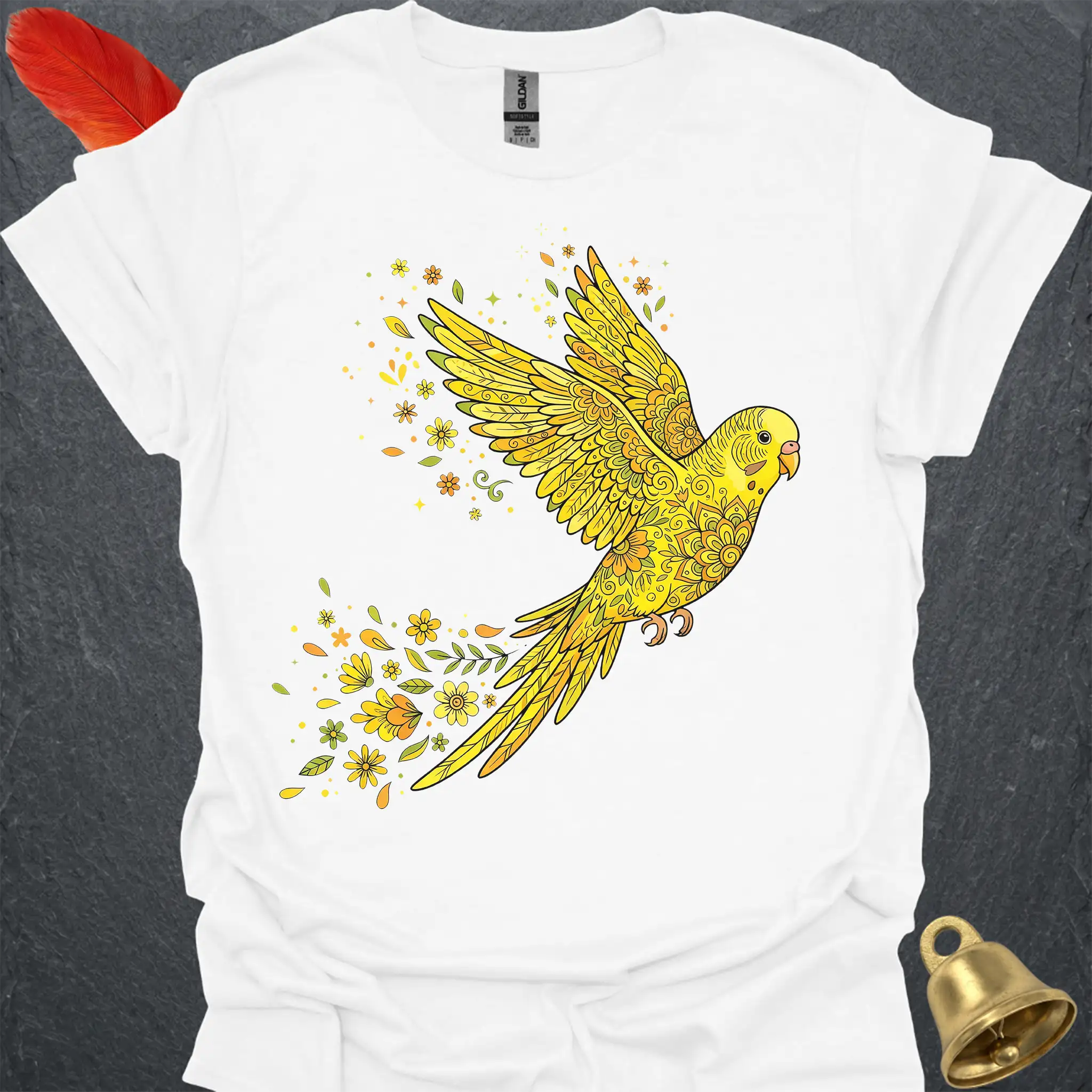 Yellow Parakeet Flying Flower T-Shirt